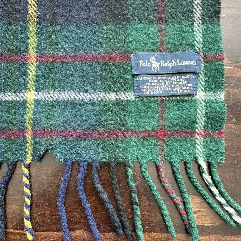 Vintage Ralph Lauren Lambswool Plaid Fringe Scarf Made In Scotland Tartan